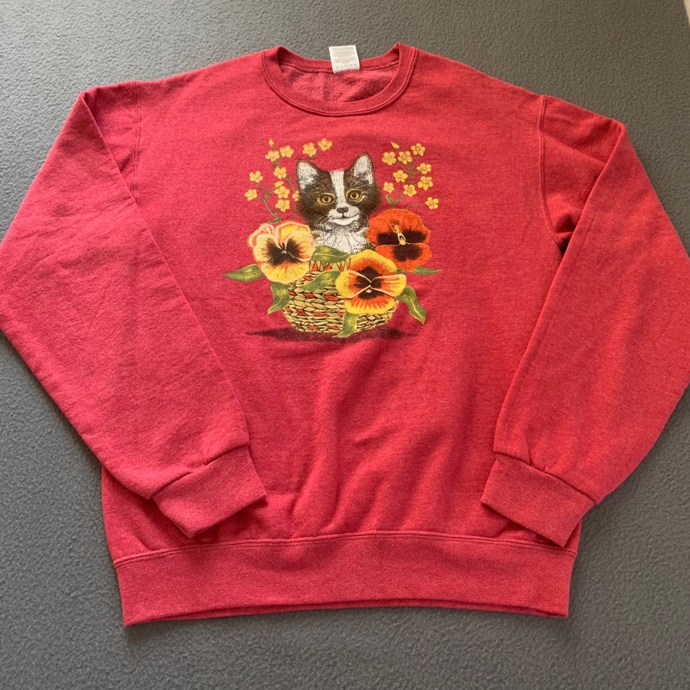 Vintage Jerzees NuBlend Kitten Floral Basket Graphic Crewneck Sweatshirt Novelty